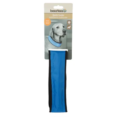 Beeztees Quick Cooler koelband met direct verkoelend effect, blauw, afbeelding van een hond met halsband. Symbolen voor koeling en hond zichtbaar.