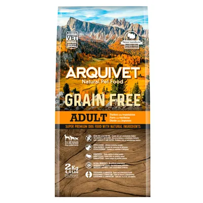 Arquivet Natural Pet Food Grain Free Adult, Truthahn mit Gemüse, hypoallergen, für alle Rassen, 2kg. Super Premium Hundefutter mit natürlichen Zutaten.