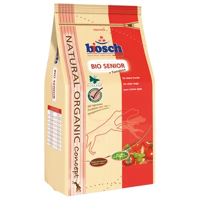Sac de croquettes biosch BIO SENIOR + Tomatoes, pour chiens âgés, certification ECOLAND visible, tableau d’alimentation sur le côté, mention Natural Organic Concept et ingrédients régionaux.
