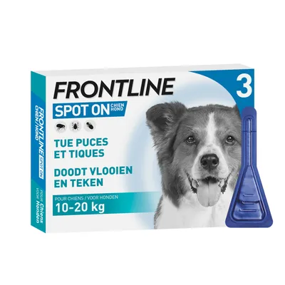 Frontline Spot On pour chiens, tue les puces et les tiques. Convient aux chiens de 10 à 20 kg. Boîte de 3 applications.