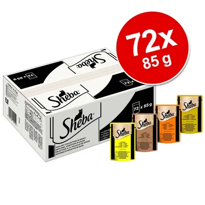 Упаковка Sheba, 72 пауча по 85 г. На переднем плане четыре разных пауча Sheba с разными цветами упаковки.