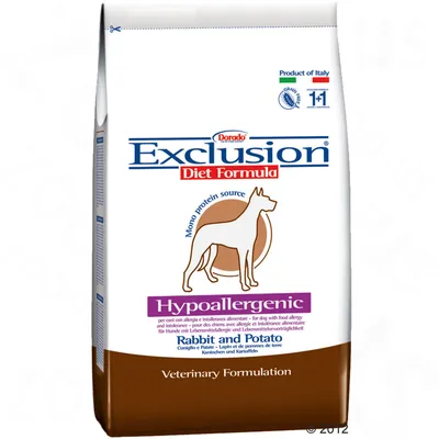 Корм для собак Dorado Exclusion Diet Formula Hypoallergenic Rabbit and Potato. Видна надпись: Mono protein source, Veterinary Formulation, Product of Italy.