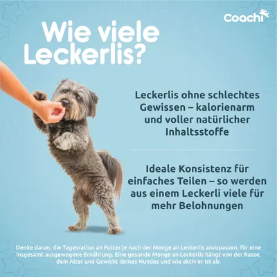 Wie viele Leckerlis? Kalorienarme, natürliche Inhaltsstoffe. Ideale Konsistenz für einfaches Teilen. Hinweis: Menge an Leckerlis abhängig von Rasse, Alter und Aktivität des Hundes.