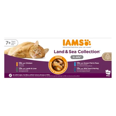 IAMS Land & Sea Collection en gelatina, 48x85g. Variedades: pollo, cordero e hígado, pescado marino y guisantes, atún y arenque. Para gatos mayores de 7 años. Sin azúcar, colorantes artificiales ni OGM.