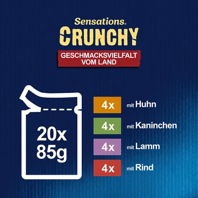 Sensations Crunchy raznoliki okusi s podeželja. Vsebina pakiranja: 20x85g, po 4x s piščancem, zajcem, jagnjetino in govedino.
