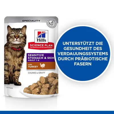 Hill's Science Plan Sensitive Stomach & Skin Adult 1-6 mit Truthahn. Unterstützt die Gesundheit des Verdauungssystems durch präbiotische Fasern.