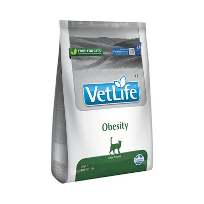 Sac de croquettes VetLife Obesity pour chats, 5 kg, mention « FOOD FOR CATS », formule féline, marque Farmina. Texte en anglais visible sur l’emballage.