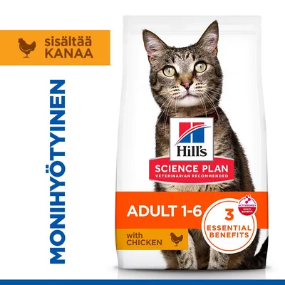 Hill's Science Plan Adult 1-6 kanaa, 3 olennaista hyötyä, sisältää kanaa, eläinlääkärien suosittelema, monihyötyinen. Hill's Science Plan Adult 1-6 kanaa, 3 olennaista hyötyä, sisältää kanaa, eläinlääkärien suosittelema, monihyötyinen.