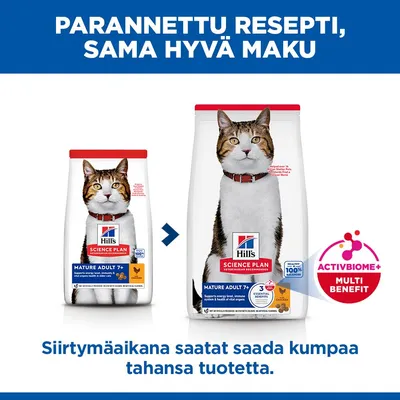 Hill's Science Plan Mature Adult 7+ -kissanruoka Pakkausmuutos, Huomautus: Saatte siirtymävaiheen aikana yhden kahdesta pakkauksesta. ActivBiome+ Multi Benefit. Hill's Science Plan Mature Adult 7+ -kissanruoka Pakkausmuutos, Huomautus: Saatte siirtymävaiheen aikana yhden kahdesta pakkauksesta. ActivBiome+ Multi Benefit.