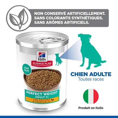 Hill's Science Plan Perfect Weight Adulte 1+ au poulet et aux légumes, sans conservateurs, colorants ou arômes artificiels, pour chiens adultes, fabriqué en Italie. Hill's Science Plan Perfect Weight Adulte 1+ au poulet et aux légumes, sans conservateurs, colorants ou arômes artificiels, pour chiens adultes, fabriqué en Italie.