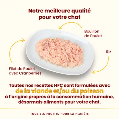 Filet de poulet avec des canneberges, bouillon de poulet et riz. Recettes HFC à base de viande et/ou de poisson de qualité alimentaire, désormais en nourriture pour chat. Tous les bénéfices pour la planète. Filet de poulet avec des canneberges, bouillon de poulet et riz. Recettes HFC à base de viande et/ou de poisson de qualité alimentaire, désormais en nourriture pour chat. Tous les bénéfices pour la planète.