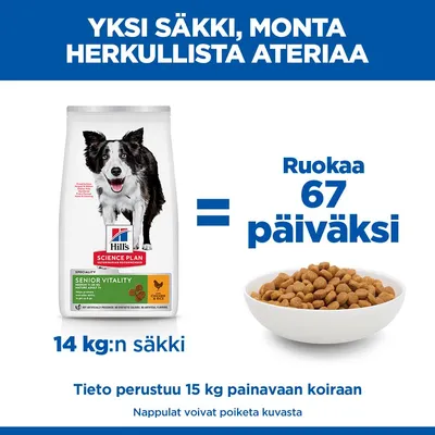 Hill's Science Plan Senior Vitality -koiranruoka, 14 kg:n säkki riittää 67 päiväksi 15 kg:n koiralle. Tiedot voivat poiketa kuvasta. Hill's Science Plan Senior Vitality -koiranruoka, 14 kg:n säkki riittää 67 päiväksi 15 kg:n koiralle. Tiedot voivat poiketa kuvasta.