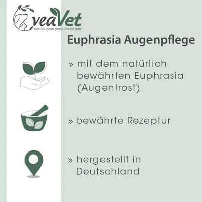 veaVet Euphrasia Augenpflege. Mit dem natürlich bewährten Euphrasia (Augentrost), bewährte Rezeptur, hergestellt in Deutschland.