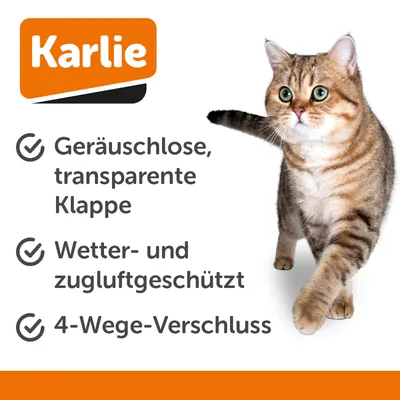 Karlie. Geräuschlose, transparente Klappe. Wetter- und zugluftgeschützt. 4-Wege-Verschluss.