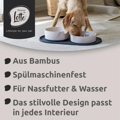 Designed by Lotte. Texte en allemand : Aus Bambus, Spülmaschinenfest, Für Nassfutter & Wasser, Das stilvolle Design passt in jedes Interieur.