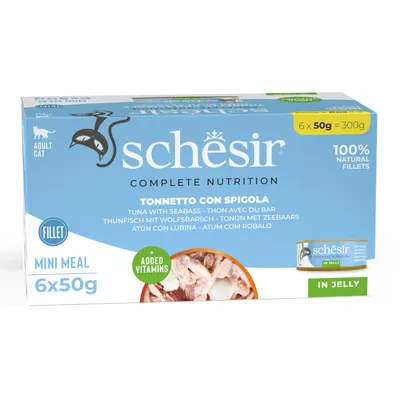 Schesir Mini Meal за възрастни котки, риба тон с лаврак в желе, 6x50g = 300g, 100% натурални филета, с добавени витамини.