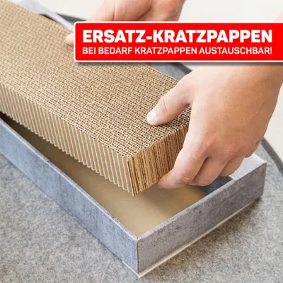 Ersatz-Kratzpappen. Bei Bedarf Kratzpappen austauschbar! Gezeigt wird das Einsetzen einer neuen Kratzpappe in eine rechteckige Box.