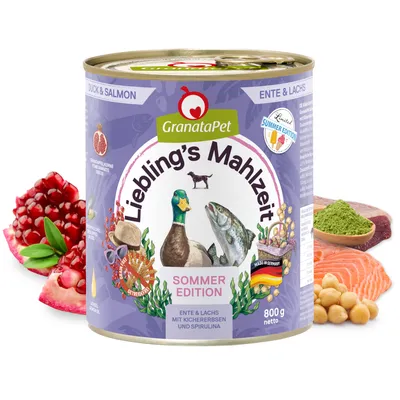 GranataPet Liebling's Mahlzeit Sommer Edition, Ente & Lachs mit Kichererbsen und Spirulina, 800g netto, Made in Germany, getreidefrei.