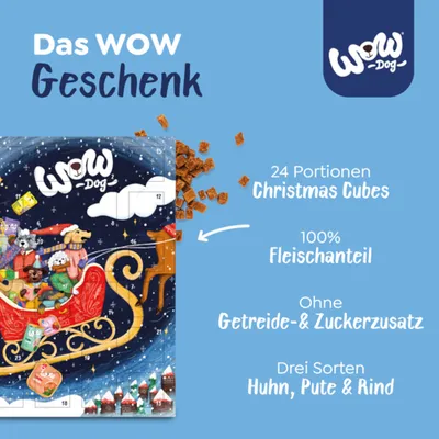 Il WOW regalo: 24 porzioni Christmas Cubes, 100% carne, senza cereali né zuccheri aggiunti, tre varietà pollo, tacchino e manzo.