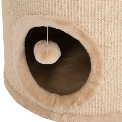 Close-up of a beige scratching post with a round entrance and a hanging plush ball toy inside the opening.