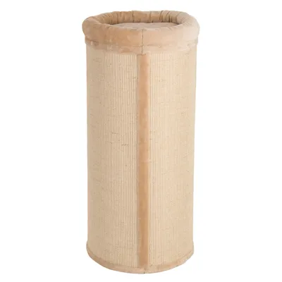Cylindrical scratching post covered in beige sisal material with a padded top edge.