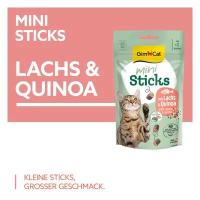 GimCat Mini Sticks met zalm & quinoa. Kleine sticks, grote smaak. Recyclebare verpakking, slechts 1 kcal per stuk, gemaakt in Oostenrijk.