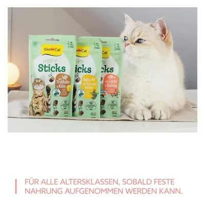 GimCat Mini Sticks in drie varianten: kalkoen & kaas, kip met kattenkruid, zalm met quinoa. Voor alle leeftijden zodra vast voedsel gegeten kan worden.