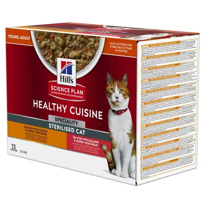 Hill's Science Plan Healthy Cuisine за кастрирани котки, 12 пауча: 6x пиле със зеленчуци, 6x сьомга със зеленчуци. Подходящо за кастрирани котенца над 6 месеца.
