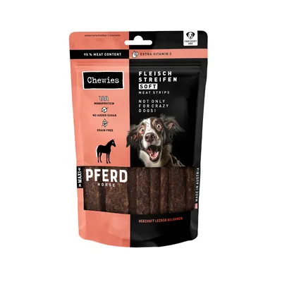 Chewies Fleisch Streifen Soft Pferd, 95 % viande, monoprotein, sans sucre ajouté, sans céréales, extra vitamine C, maxi, made in Austria. Texte anglais et allemand visible sur l’emballage.