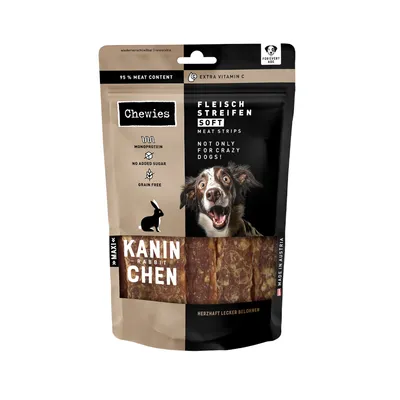 Chewies Fleisch Streifen Soft Kaninchen, 95 % viande, monoprotéine, sans sucre ajouté, sans céréales, extra vitamine C, pour chiens. Texte en anglais et allemand visible sur l’emballage.