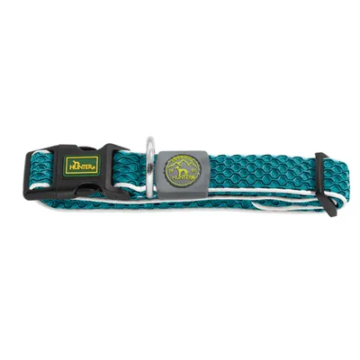 Hunter Hundehalsband in Türkis mit Outdoor-Logo, Kunststoffverschluss und Metallring.