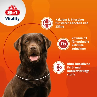 8in1 Vitality. Кальций и фосфор для крепких костей и зубов, витамин D3 для оптимального усвоения кальция, без искусственных красителей и консервантов.