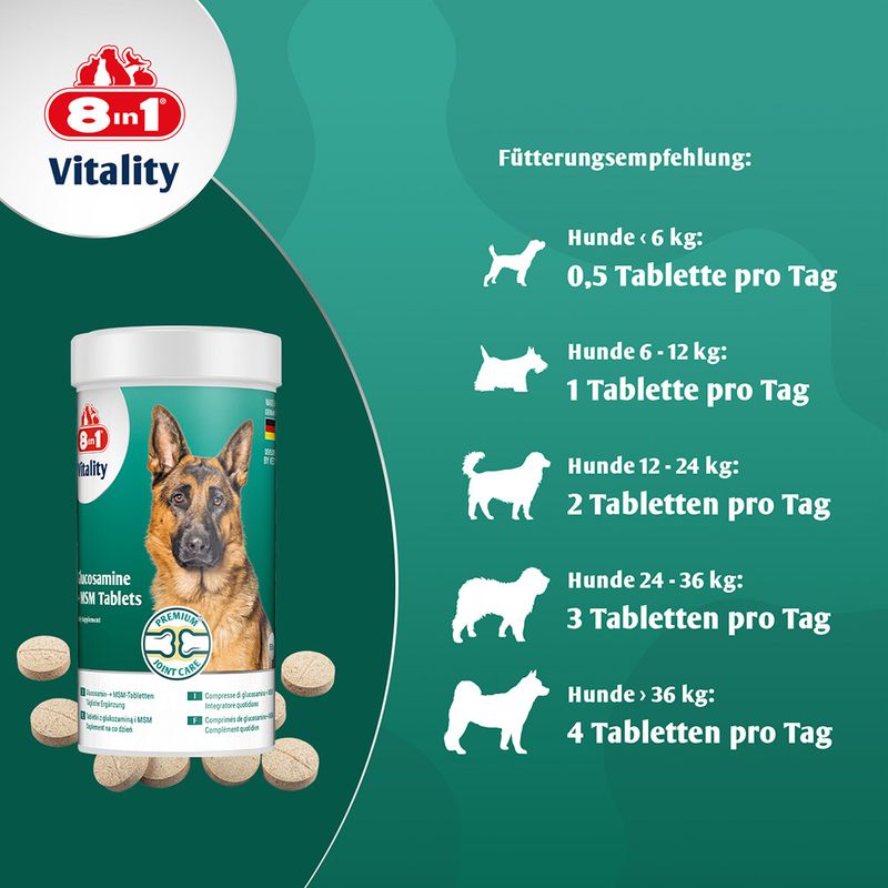 Fütterungsempfehlung für Hunde: <6kg 0,5 Tablette/Tag, 6-12kg 1 Tablette/Tag, 12-24kg 2 Tabletten/Tag, 24-36kg 3 Tabletten/Tag, >36kg 4 Tabletten/Tag. Produkt: 8in1 Vitality Glucosamine MSM Tablets.