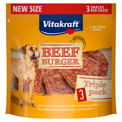 Vitakraft Beef Burger, Triple Pack mit 3 Snacks. Ohne Zuckerzusatz, keine Farb- oder Konservierungsstoffe. Verpackung zeigt Hund und Produktabbildung.