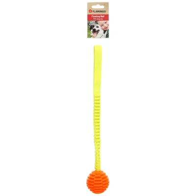 Flamingo Floating Ball TPU Dog, žlutý popruh s oranžovým míčkem. Plovoucí hračka pro psy.