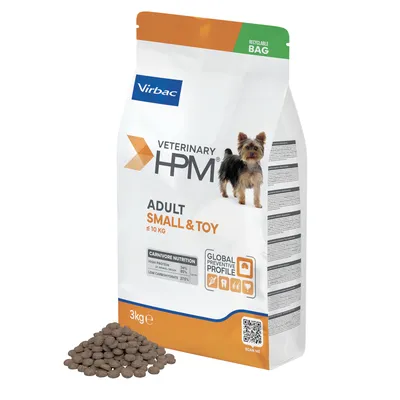 Virbac Veterinary HPM Adult Small & Toy ≤10kg, bolsa de 3kg. Nutrición carnívora: alto contenido proteico 34%, proteína animal 86%, bajo contenido de carbohidratos 23%. Envase reciclable.