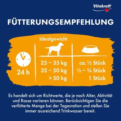 Fütterungsempfehlung: Idealgewicht 25-35kg ca. 1/2 Stück, 35-50kg 1/2-3/4 Stück, >50kg 1 Stück täglich. Richtwerte variieren nach Alter, Aktivität und Rasse. Ausreichend Trinkwasser bereitstellen.