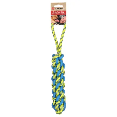 Flamingo Train Your Dog TPE a nylonová hračka pro psy, plovoucí. Žluto-modrý pletený design s držadlem.
