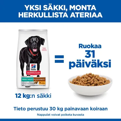 Hill's Science Plan Perfect Weight Active Mobility, 12 kg:n säkki riittää 31 päivän ruokintaan 30 kg:n painoiselle koiralle. Kuvassa: ruokasäkki ja kuppi, jossa on kuivaruokaa. Hill's Science Plan Perfect Weight Active Mobility, 12 kg:n säkki riittää 31 päivän ruokintaan 30 kg:n painoiselle koiralle. Kuvassa: ruokasäkki ja kuppi, jossa on kuivaruokaa.