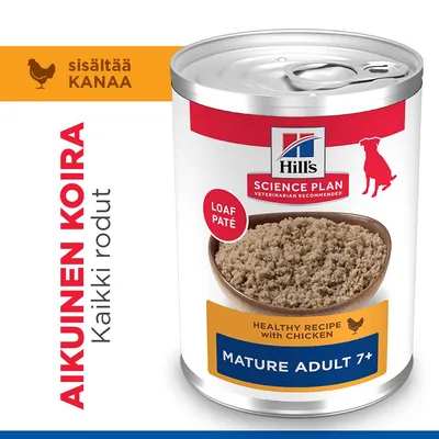 Hill's Science Plan Loaf Paté, Healthy Recipe with Chicken, Mature Adult 7+, sisältää kanaa. Kaikille roduille sopiva täysravinto aikuisille koirille. Hill's Science Plan Loaf Paté, Healthy Recipe with Chicken, Mature Adult 7+, sisältää kanaa. Kaikille roduille sopiva täysravinto aikuisille koirille.