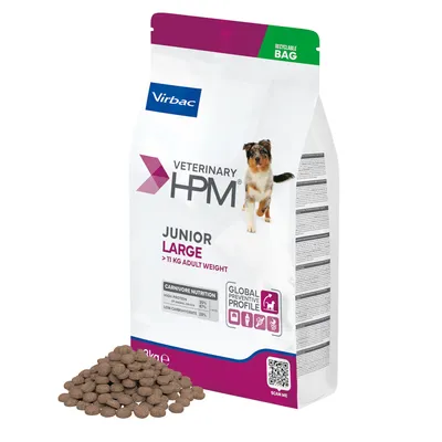 Sac Virbac Veterinary HPM Junior Large >11 kg Adult Weight, croquettes visibles, texte : Carnivore Nutrition protéines 35 %, glucides 28 %, Global Preventive Profile, QR code en bas à droite.