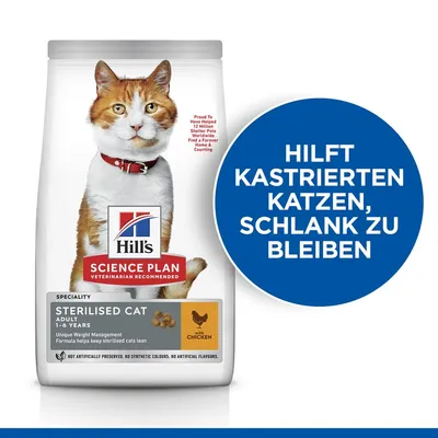 Hill's Science Plan Sterilised Cat Adult 1–6 years with chicken. Texte en allemand : 'HILFT KASTRIERTEN KATZEN, SCHLANK ZU BLEIBEN'.