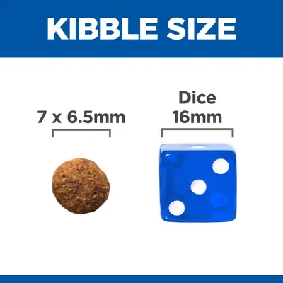 Kibble size shown as 7 by 6.5 millimetres next to a standard dice measuring 16 millimetres for comparison.