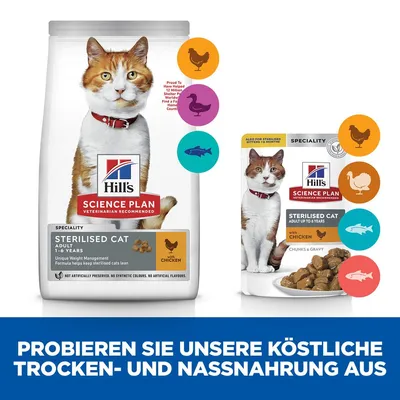 Hill's Science Plan Sterilised Cat Adult 1–6 ans, croquettes et pâtée pour chat stérilisé, saveur poulet. Texte en allemand : Probieren Sie unsere köstliche Trocken- und Nassnahrung aus.