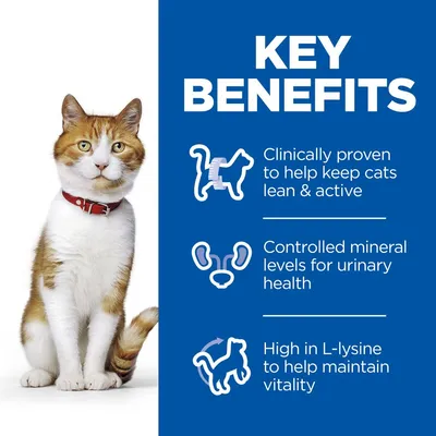 Key benefits: clinically proven to help keep cats lean and active, controlled mineral levels for urinary health, high in L-lysine to help maintain vitality.