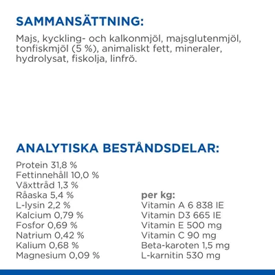 Sammansättning: majs, kyckling- och kalkonmjöl, majsglutenmjöl, tonfiskmjöl (5 %), animaliskt fett, mineraler, hydrolysat, fiskolja, linfrö. Analytiska beståndsdelar: protein 31,8 %, fett 10 %, vitaminer.