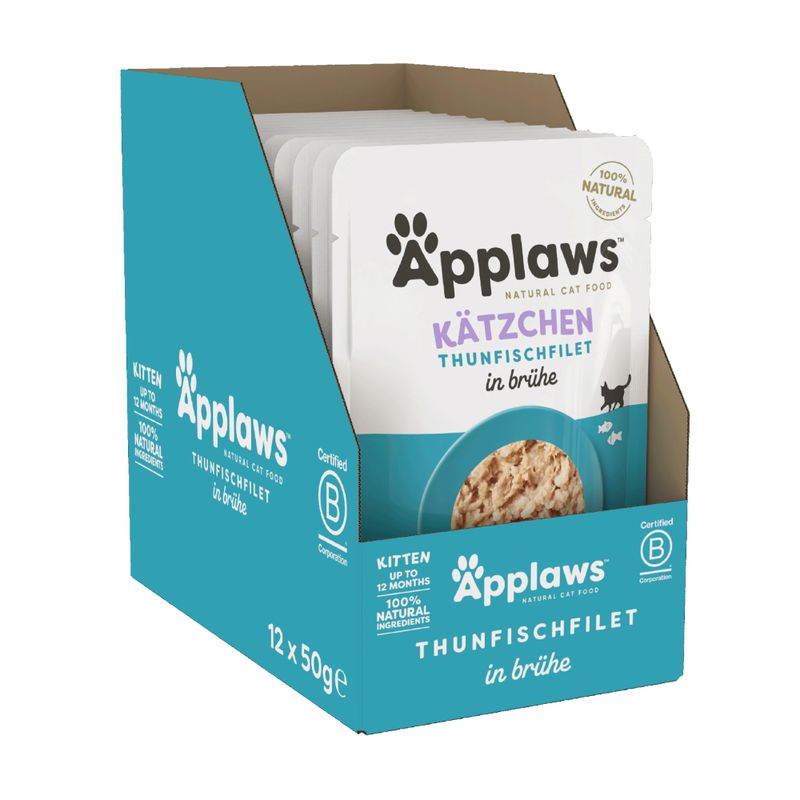 Applaws Kätzchen Thunfischfilet in Brühe, Kitten bis zu 12 Monaten, 100% natürliche Zutaten, Packung mit 12 x 50g Beuteln.
