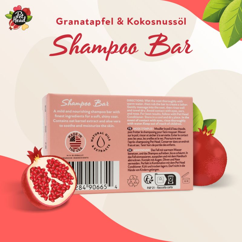Pet Head Shampoo Bar mit Granatapfel und Kokosnussöl. Made in USA, natürliche Öle und Extrakte. Anwendungshinweise auf Englisch, Französisch und Deutsch sichtbar.