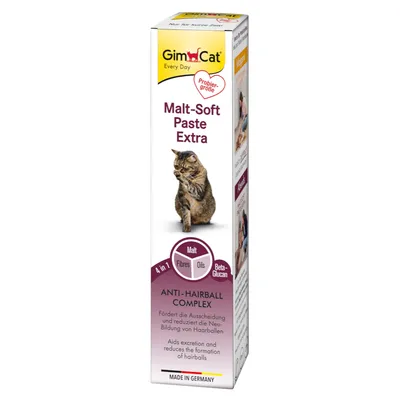 GimCat Malt-Soft Paste Extra, complejo anti-bolas de pelo con malta, fibras, aceites y beta-glucano. Favorece la eliminación y reduce la formación de bolas de pelo. Fabricado en Alemania.