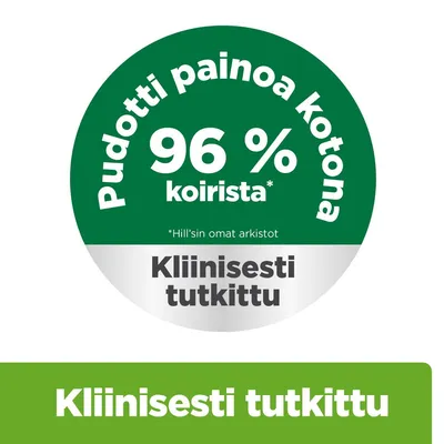 Kliinisesti testattu. 96 % koirista laihtui kotona. Hill’sin omat arkistot. Kliinisesti testattu. 96 % koirista laihtui kotona. Hill’sin omat arkistot.